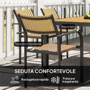 SET TAVOLO DA GIARDINO ALLUNGABILE CON 6 SEDIE DA ESTERNO IMPILABILI ACCIAIO E TEXTILENE MARRONE