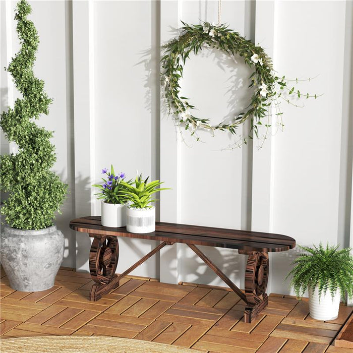 PANCHINA DA GIARDINO CON GAMBE A RUOTA DI CARRO E SEDUTA A DOGHE 120X29X39 CM MARRONE