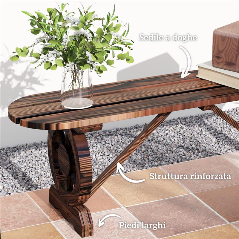 PANCHINA DA GIARDINO CON GAMBE A RUOTA DI CARRO E SEDUTA A DOGHE 120X29X39 CM MARRONE