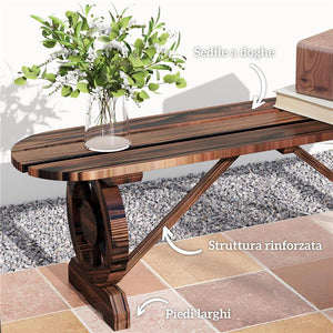 PANCHINA DA GIARDINO CON GAMBE A RUOTA DI CARRO E SEDUTA A DOGHE 120X29X39 CM MARRONE
