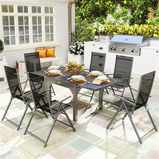 SET DA GIARDINO 7 PEZZI CON 6 SEDIE PIEGHEVOLI E TAVOLO ALLUNGABILE IN ACCIAIO ALLUMINIO E RETE GRIGIO E NERO