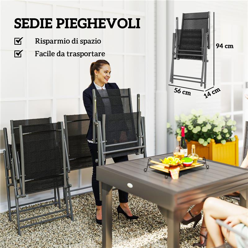 SET DA GIARDINO 7 PEZZI CON 6 SEDIE PIEGHEVOLI E TAVOLO ALLUNGABILE IN ACCIAIO ALLUMINIO E RETE GRIGIO E NERO