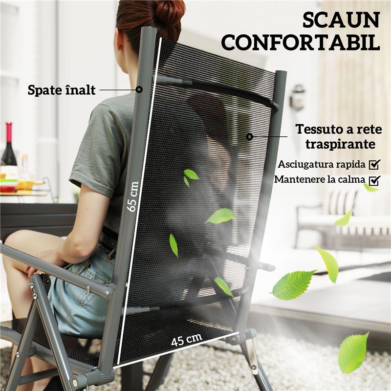 SET DA GIARDINO 7 PEZZI CON 6 SEDIE PIEGHEVOLI E TAVOLO ALLUNGABILE IN ACCIAIO ALLUMINIO E RETE GRIGIO E NERO