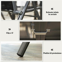 SET DA GIARDINO 7 PEZZI CON 6 SEDIE PIEGHEVOLI E TAVOLO ALLUNGABILE IN ACCIAIO ALLUMINIO E RETE GRIGIO E NERO