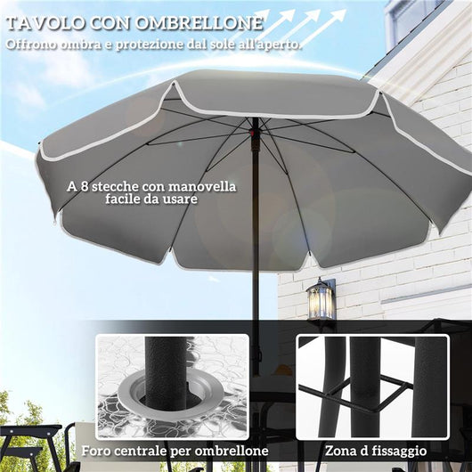 SET DA GIARDINO 6 PEZZI IN ACCIAIO CON 4 SEDIE PIEGHEVOLI OMBRELLONE E TAVOLO ROTONDO CREMA GRIGIO E NERO