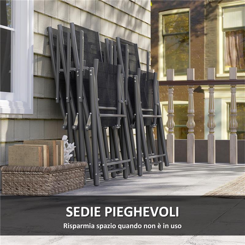 SET DA GIARDINO CON TAVOLO ALLUNGABILE IN VETRO E 6 SEDIE DA ESTERNO PIEGHEVOLI ACCIAIO E TEXTILENE GRIGIO