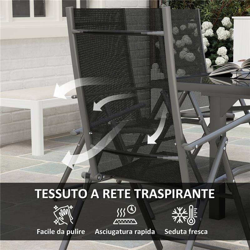 SET DA GIARDINO CON TAVOLO ALLUNGABILE IN VETRO E 6 SEDIE DA ESTERNO PIEGHEVOLI ACCIAIO E TEXTILENE GRIGIO
