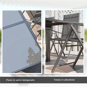 SET DA GIARDINO CON TAVOLO ALLUNGABILE IN VETRO E 6 SEDIE DA ESTERNO PIEGHEVOLI ACCIAIO E TEXTILENE GRIGIO