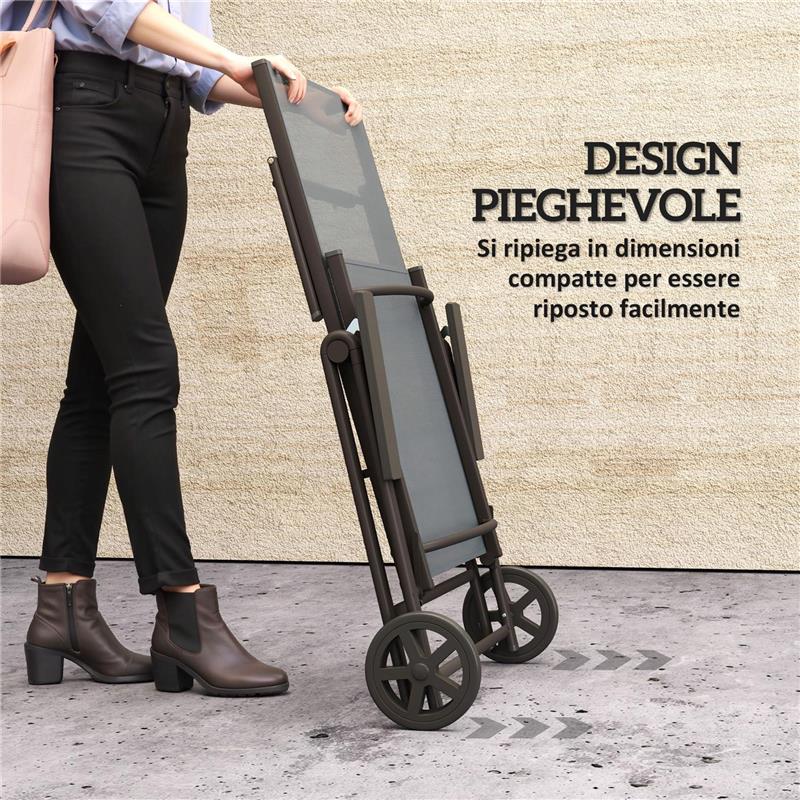 LETTINO SDRAIO PIEGHEVOLE E RECLINABILE IN 5 POSIZIONI CON ROTELLE, IN METALLO E TEXTILENE, 72X158X84 CM, GRIGIO