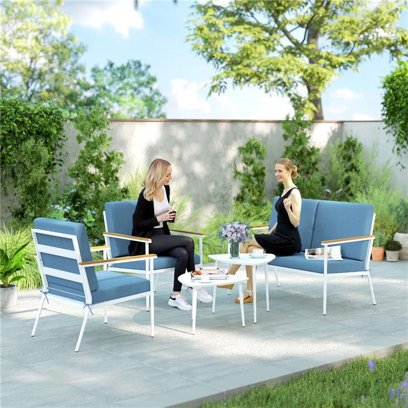 SET DA ESTERNO CON DIVANO 2 POSTI 2 POLTRONE E 2 TAVOLINI DA CAFFÈ IN VETRO AZZURRO