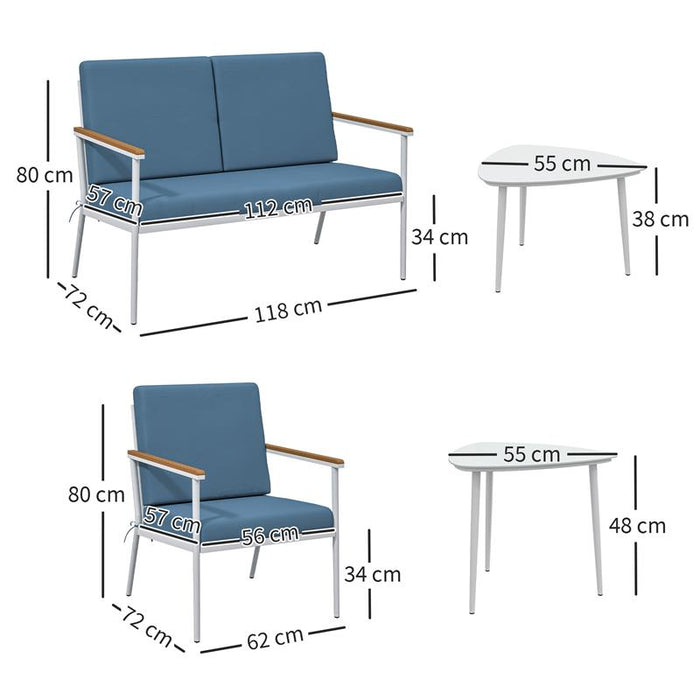 SET DA ESTERNO CON DIVANO 2 POSTI 2 POLTRONE E 2 TAVOLINI DA CAFFÈ IN VETRO AZZURRO