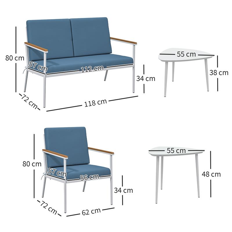 SET DA ESTERNO CON DIVANO 2 POSTI 2 POLTRONE E 2 TAVOLINI DA CAFFÈ IN VETRO AZZURRO