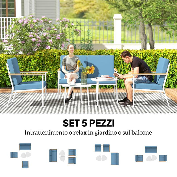 SET DA ESTERNO CON DIVANO 2 POSTI 2 POLTRONE E 2 TAVOLINI DA CAFFÈ IN VETRO AZZURRO