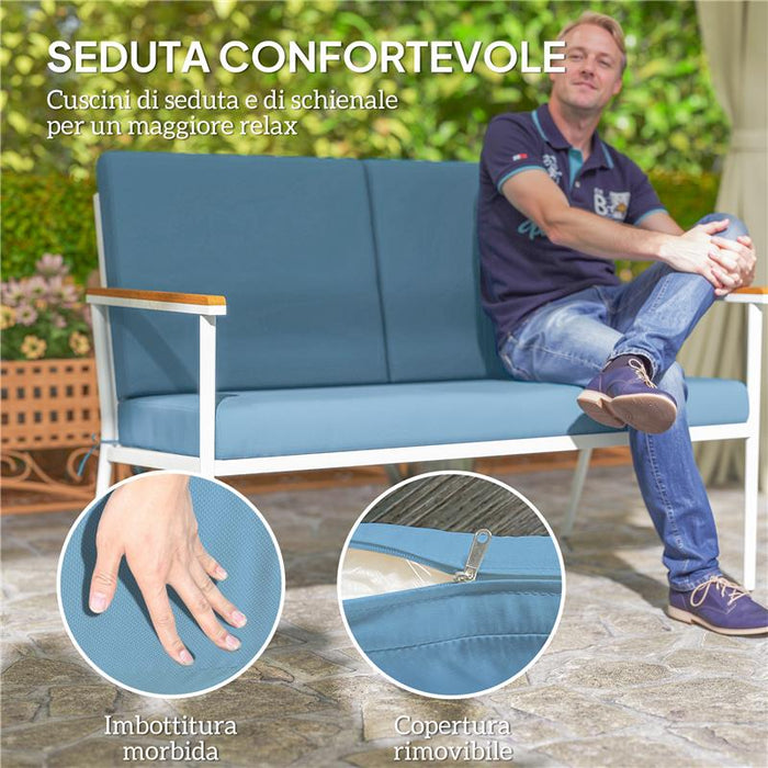 SET DA ESTERNO CON DIVANO 2 POSTI 2 POLTRONE E 2 TAVOLINI DA CAFFÈ IN VETRO AZZURRO