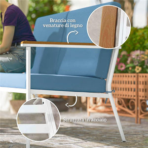 SET DA ESTERNO CON DIVANO 2 POSTI 2 POLTRONE E 2 TAVOLINI DA CAFFÈ IN VETRO AZZURRO