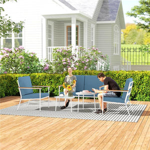 SET DA ESTERNO CON DIVANO 2 POSTI 2 POLTRONE E 2 TAVOLINI DA CAFFÈ IN VETRO AZZURRO