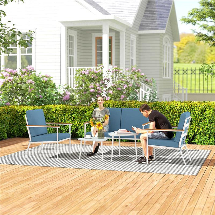 SET DA ESTERNO CON DIVANO 2 POSTI 2 POLTRONE E 2 TAVOLINI DA CAFFÈ IN VETRO AZZURRO