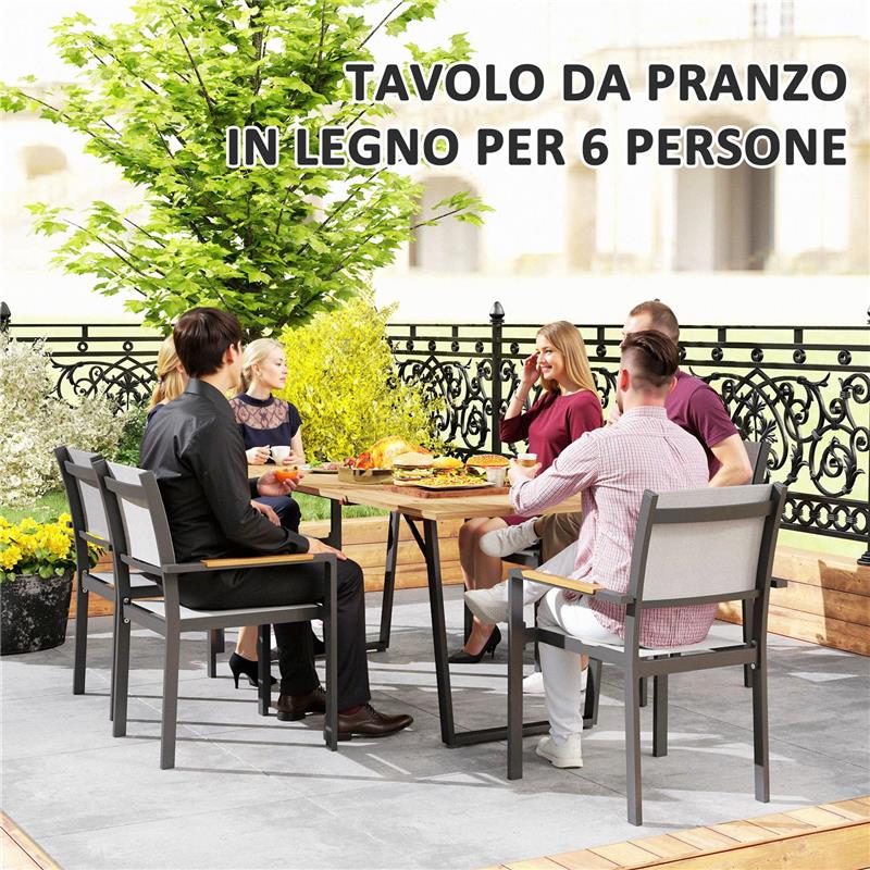 TAVOLO DA GIARDINO RETTANGOLARE A 6 POSTI CON FORO PER OMBRELLONE, LEGNO E ACCIAIO, 175X80X75 CM, MARRONE