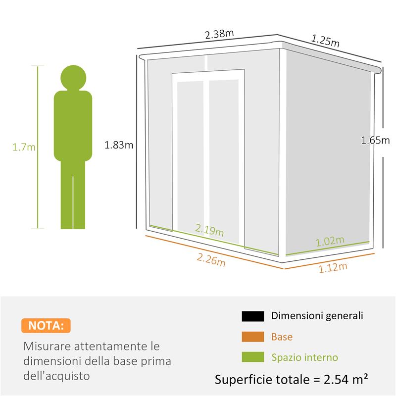 CASETTA DA GIARDINO IN RESINA CON PAVIMENTO 2 PORTE CON BLOCCO FINESTRA 2.4 X 1.3 M GRIGIO