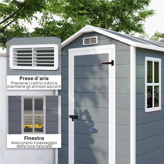 CASETTA DA GIARDINO IN RESINA CON PAVIMENTO PORTA CON BLOCCO E FINESTRA 1.3 X 1.8 M GRIGIO