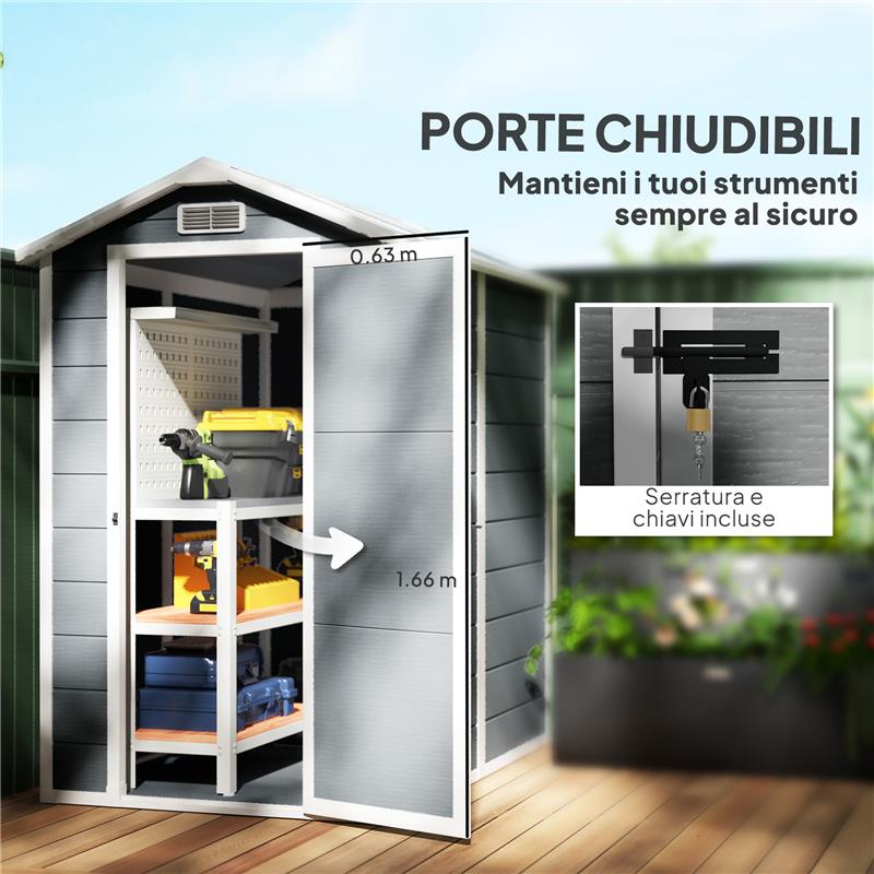 CASETTA DA GIARDINO IN RESINA CON PAVIMENTO PORTA CON BLOCCO E FINESTRA 1.3 X 1.8 M GRIGIO