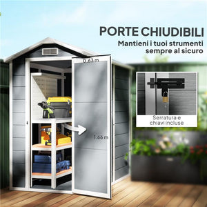CASETTA DA GIARDINO IN RESINA CON PAVIMENTO PORTA CON BLOCCO E FINESTRA 1.3 X 1.8 M GRIGIO