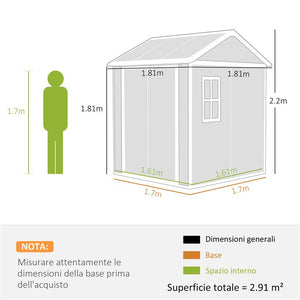 CASETTA DA GIARDINO IN RESINA CON PAVIMENTO 2 PORTE CON BLOCCO FINESTRA 1.8X1.8M GRIGIO