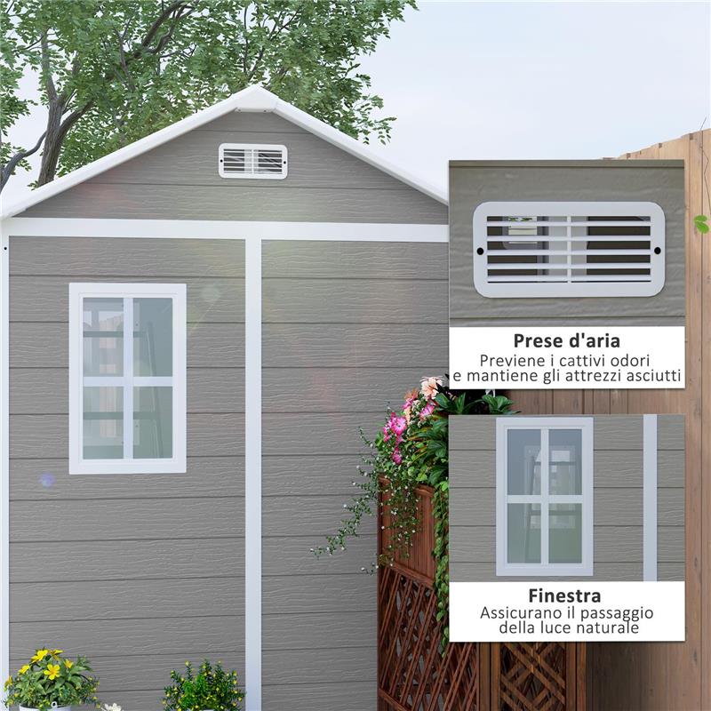 CASETTA DA GIARDINO IN RESINA CON PAVIMENTO 2 PORTE CON BLOCCO FINESTRA 1.8X1.8M GRIGIO
