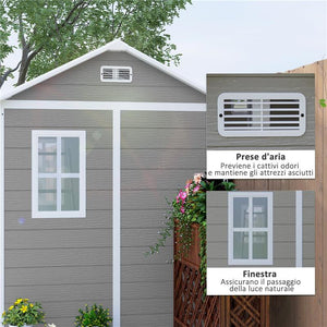 CASETTA DA GIARDINO IN RESINA CON PAVIMENTO 2 PORTE CON BLOCCO FINESTRA 1.8X1.8M GRIGIO