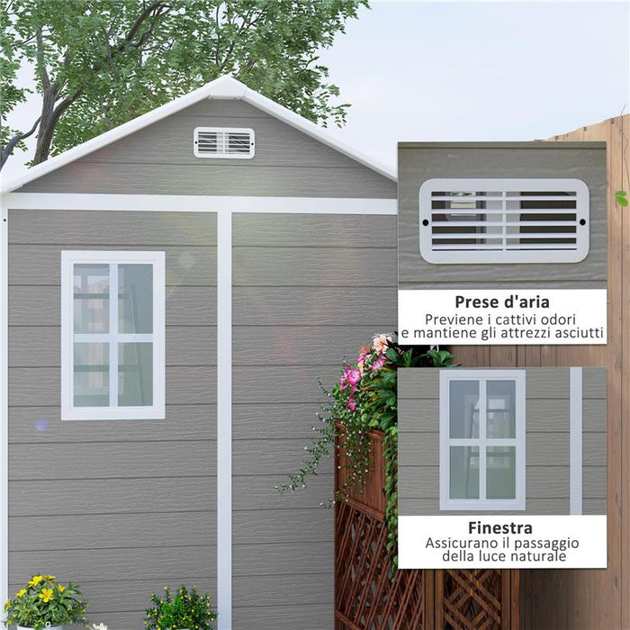 CASETTA DA GIARDINO IN RESINA CON PAVIMENTO 2 PORTE CON BLOCCO FINESTRA 1.8X1.8M GRIGIO