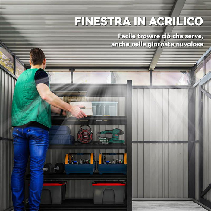 CAPANNO DA GIARDINO CON LUCERNARIO IN ACRILICO E FORI DI DRENAGGIO IN ACCIAIO 162X259X201 CM GRIGIO SCURO