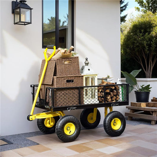 CARRELLO DA GIARDINO IN ACCIAIO CON CAPACITÀ 200 KG E PARETI LATERALI RIMOVIBILI 104X54X51 CM NERO E GIALLO