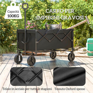 CARRELLO DA GIARDINO 160L PIEGHEVOLE CON MANICO REGOLABILE CAPACITÀ 100 KG 95X55X102 CM NERO