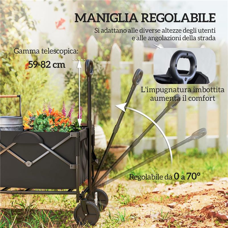 CARRELLO DA GIARDINO 160L PIEGHEVOLE CON MANICO REGOLABILE CAPACITÀ 100 KG 95X55X102 CM NERO