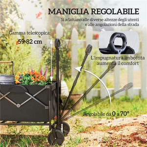 CARRELLO DA GIARDINO 160L PIEGHEVOLE CON MANICO REGOLABILE CAPACITÀ 100 KG 95X55X102 CM NERO