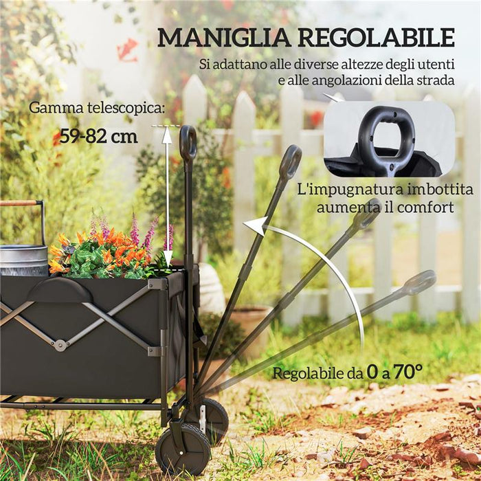 CARRELLO DA GIARDINO 160L PIEGHEVOLE CON MANICO REGOLABILE CAPACITÀ 100 KG 95X55X102 CM NERO