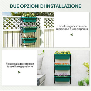 FIORIERA DA ESTERNO VERTICALE E 3 VASI PER PIANTE IN PLASTICA CON FORI DI DRENAGGIO 56X42X100 CM VERDE