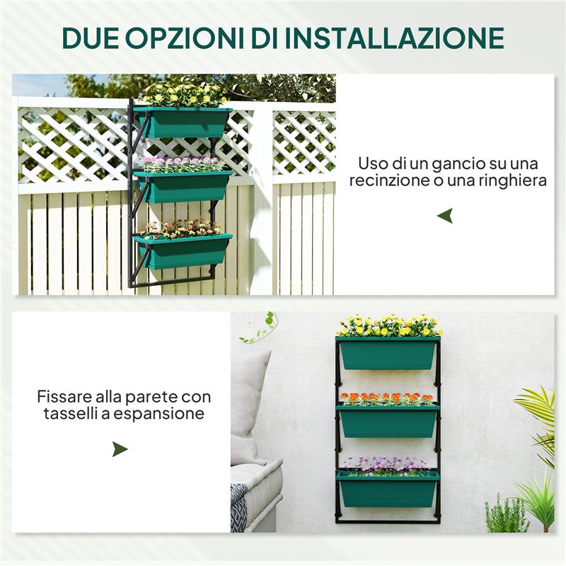 FIORIERA DA ESTERNO VERTICALE E 3 VASI PER PIANTE IN PLASTICA CON FORI DI DRENAGGIO 56X42X100 CM VERDE