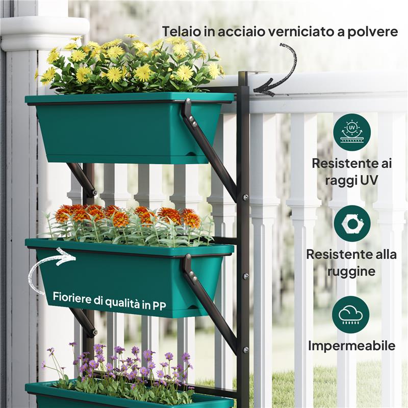 FIORIERA DA ESTERNO VERTICALE E 3 VASI PER PIANTE IN PLASTICA CON FORI DI DRENAGGIO 56X42X100 CM VERDE
