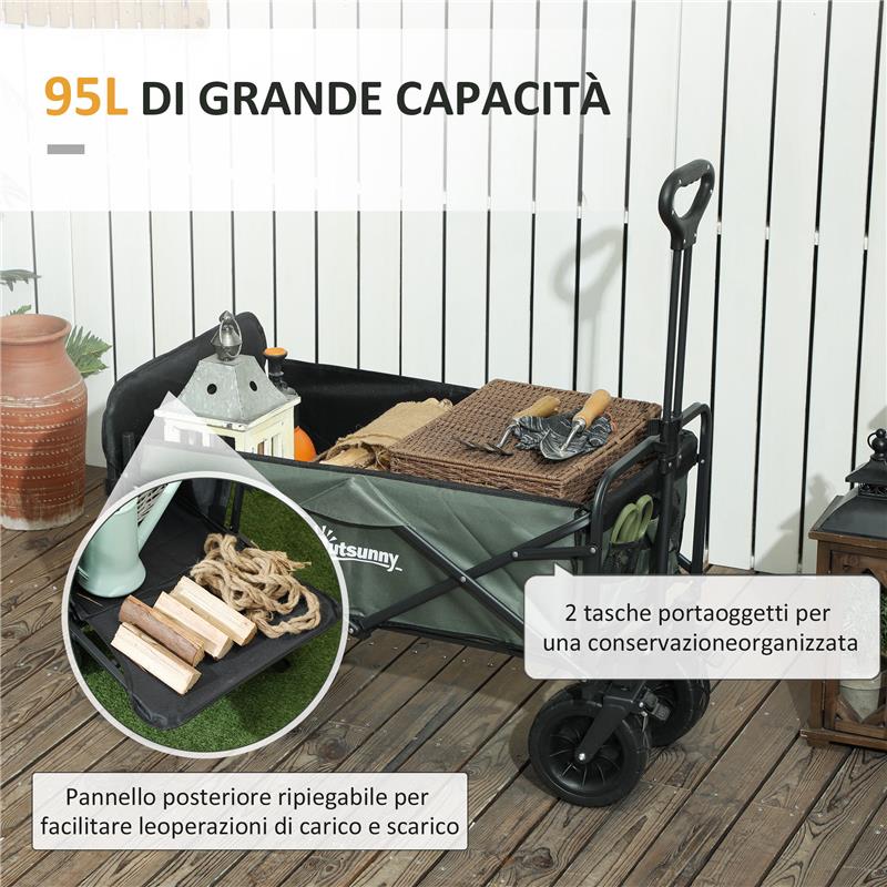 CARRELLO DA GIARDINO DA 95L PIEGHEVOLE CON PANNELLO APRIBILE IN ACCIAIO E POLIESTERE 125X48X78-102 CM VERDE
