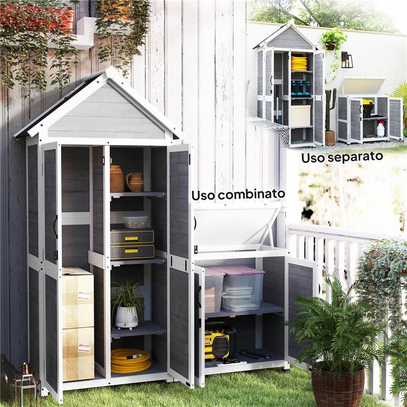 CASETTA DA GIARDINO E ARMADIO ESTERNO CON TETTO APRIBILE IN LEGNO PORTE CON BLOCCO 89X51X182 CM GRIGIO CHIARO