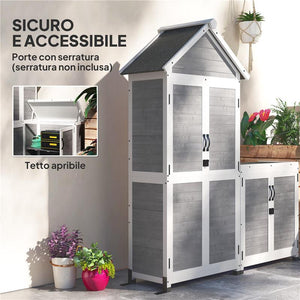 CASETTA DA GIARDINO E ARMADIO ESTERNO CON TETTO APRIBILE IN LEGNO PORTE CON BLOCCO 89X51X182 CM GRIGIO CHIARO