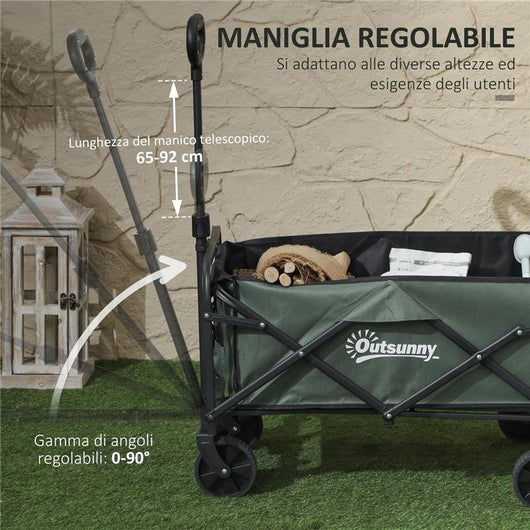 CARRELLO DA GIARDINO DA 72L PIEGHEVOLE CON PANNELLO APRIBILE IN ACCIAIO E POLIESTERE 114X46X65-92 CM VERDE