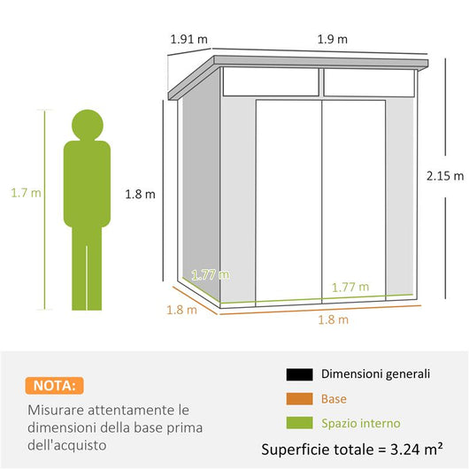 CASETTA DA GIARDINO IN PLASTICA PORTA ATTREZZI CON FINESTRE PRESE D'ARIA E BLOCCO 1.9X1.9 M GRIGIO CHIARO