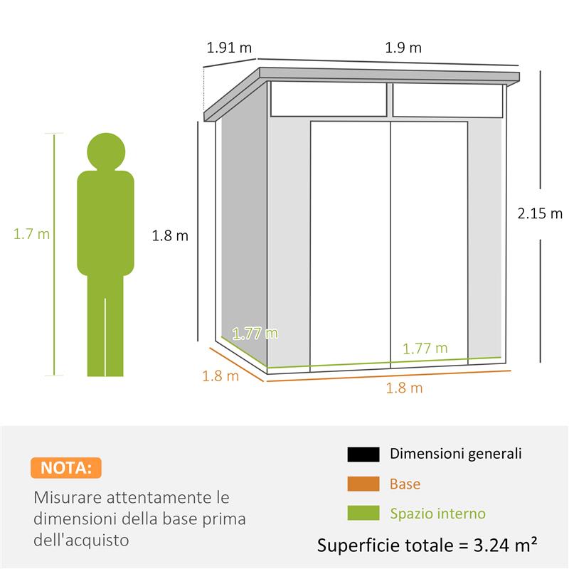 CASETTA DA GIARDINO IN PLASTICA PORTA ATTREZZI CON FINESTRE PRESE D'ARIA E BLOCCO 1.9X1.9 M GRIGIO CHIARO