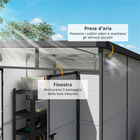 CASETTA DA GIARDINO IN PLASTICA PORTA ATTREZZI CON FINESTRE PRESE D'ARIA E BLOCCO 1.9X1.9 M GRIGIO CHIARO