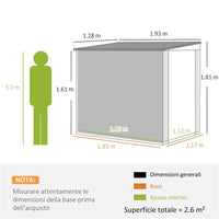 CASETTA DA GIARDINO IN ACCIAIO 1.2X1.9 M CON PORTA BLOCCABILE E PRESE D'ARIA GRIGIO SCURO