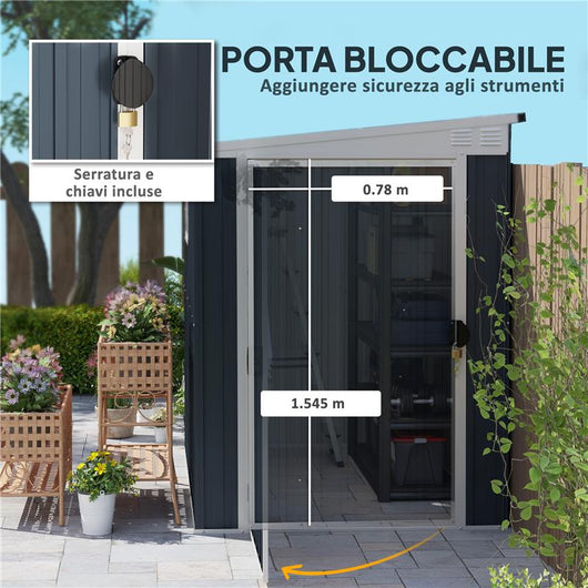 CASETTA DA GIARDINO IN ACCIAIO 1.2X1.9 M CON PORTA BLOCCABILE E PRESE D'ARIA GRIGIO SCURO