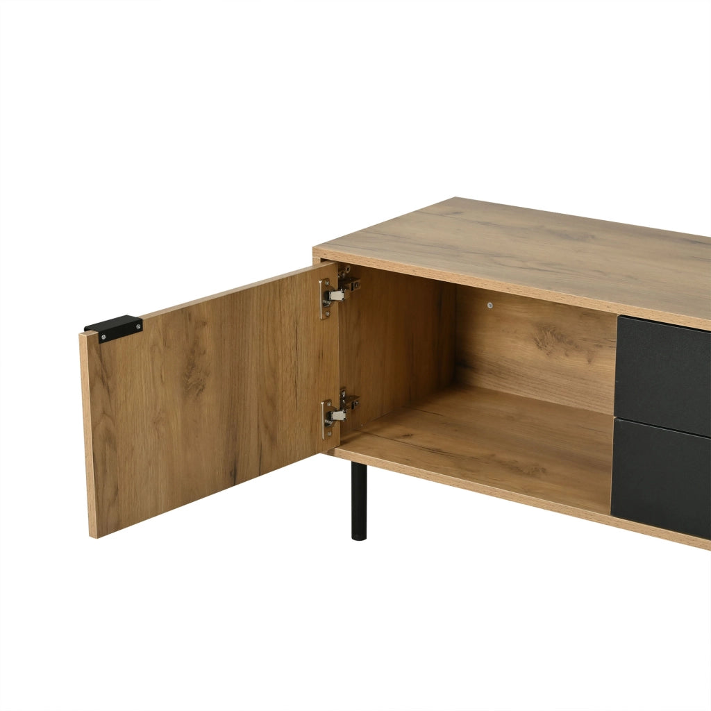 Mobile TV, 208 x 40 x 48 cm, in truciolato, 3 cassetti, finitura effetto legno, color legno naturale e nero