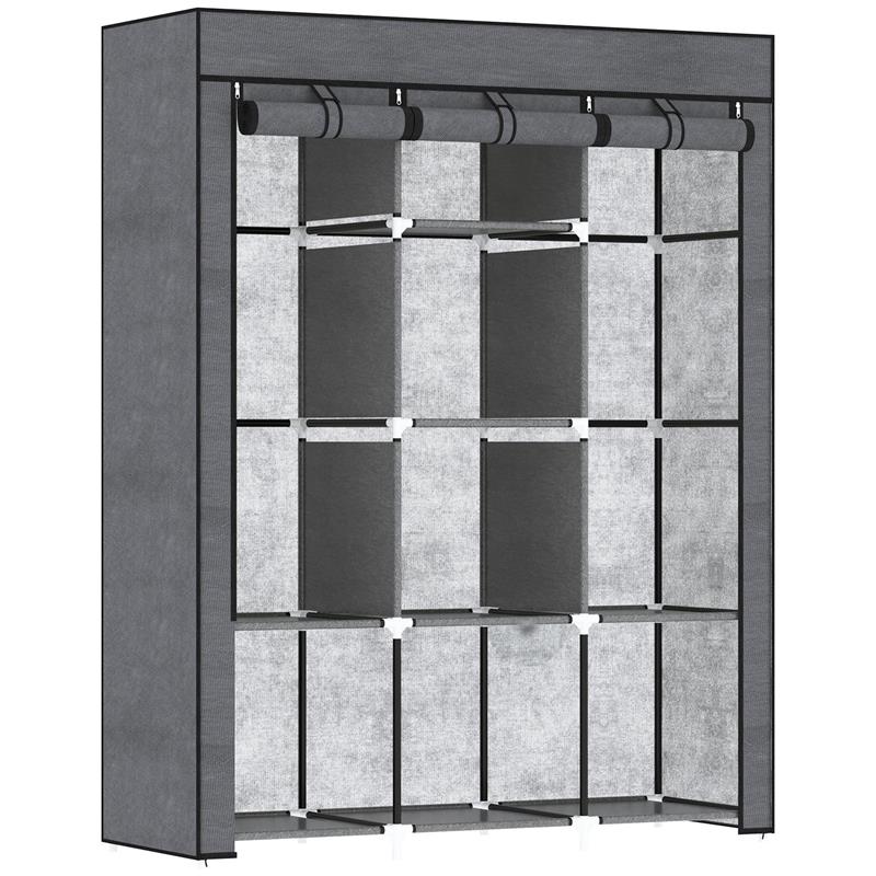 GUARDAROBA IN TESSUTO NON TESSUTO E ACCIAIO CON 8 RIPIANI E 2 BARRE 125X43X162.5 CM GRIGIO CARBONE